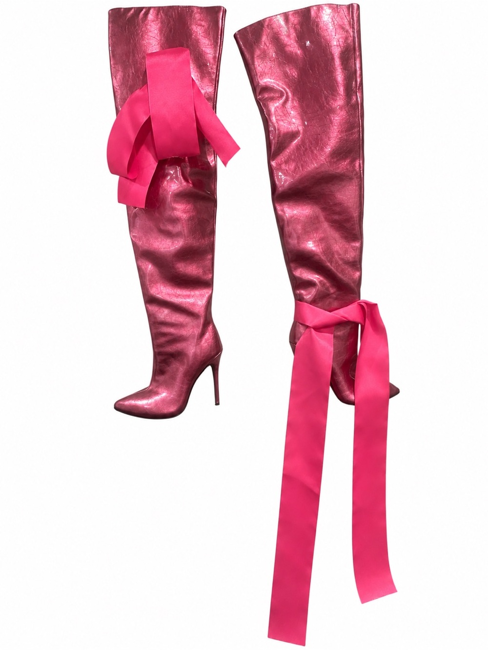 Metallic Fuchsia Over-the-Knee Stiletto Boots with Ribbon Accent - Picture 3 of 3